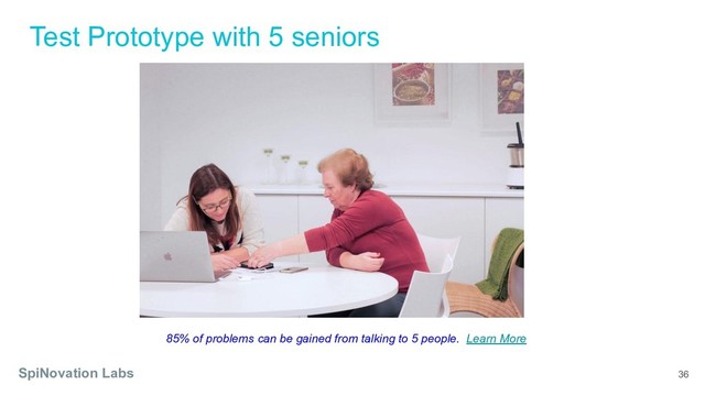 Test Prototype with 5 seniors
SpiNovation Labs 36
85% of problems can be gained from talking to 5 people. Learn More
