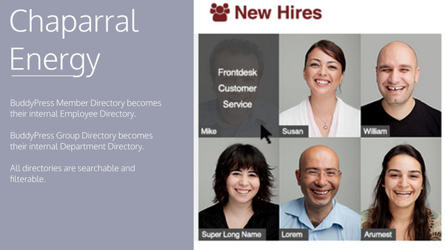 Chaparral
Energy
BuddyPress Member Directory becomes
their internal Employee Directory.
!
BuddyPress Group Directory becomes
their internal Department Directory.
!
All directories are searchable and
ﬁlterable.
!
!
!
