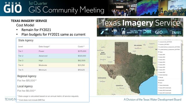 TEXAS IMAGERY SERVICE
Cost Model
• Remain for FY2021
• Plan budgets for FY2021 same as current
