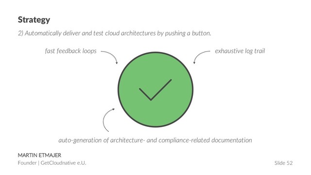 MARTIN ETMAJER
Founder | GetCloudnative e.U. Slide 52
Strategy
2) Automatically deliver and test cloud architectures by pushing a button.
fast feedback loops exhaustive log trail
auto-generation of architecture- and compliance-related documentation
