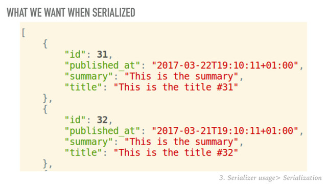 WHAT WE WANT WHEN SERIALIZED
3. Serializer usage> Serialization
