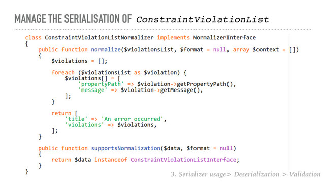 MANAGE THE SERIALISATION OF ConstraintViolationList
3. Serializer usage> Deserialization > Validation
