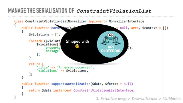 MANAGE THE SERIALISATION OF ConstraintViolationList
Shipped with

3. Serializer usage> Deserialization > Validation
