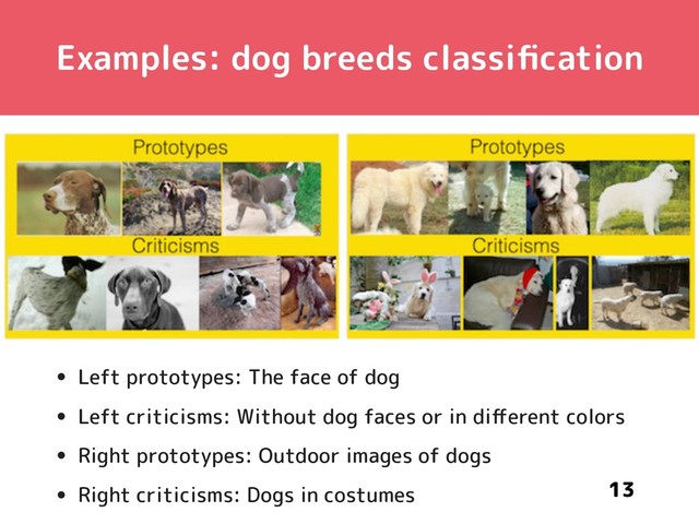 Examples: dog breeds classiﬁcation
• Left prototypes: The face of dog
• Left criticisms: Without dog faces or in diﬀerent colors
• Right prototypes: Outdoor images of dogs
• Right criticisms: Dogs in costumes 13
