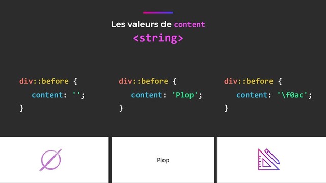 Les valeurs de content

div::before {
content: 'Plop';
}
div::before {
content: '';
}
div::before {
content: '\f0ac';
}
Plop
