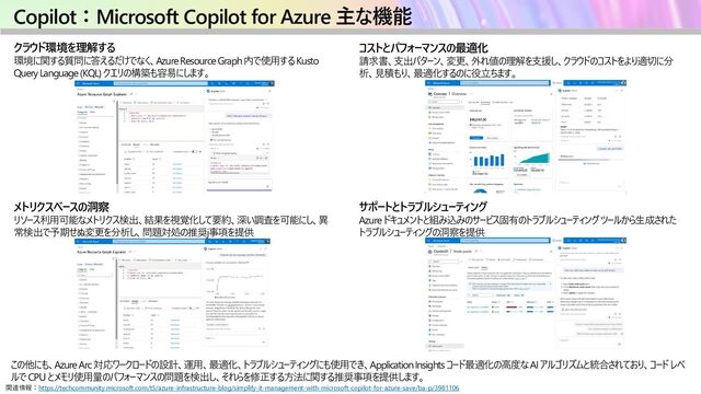 Copilot：Microsoft Copilot for Azure 主な機能
クラウド環境を理解する
環境に関する質問に答えるだけでなく、Azure Resource Graph 内で使用する Kusto
Query Language (KQL) クエリの構築も容易にします。
関連情報：https://techcommunity.microsoft.com/t5/azure-infrastructure-blog/simplify-it-management-with-microsoft-copilot-for-azure-save/ba-p/3981106
コストとパフォーマンスの最適化
請求書、支出パターン、変更、外れ値の理解を支援し、クラウドのコストをより適切に分
析、見積もり、最適化するのに役立ちます。
メトリクスベースの洞察
リソース利用可能なメトリクス検出、結果を視覚化して要約、深い調査を可能にし、異
常検出で予期せぬ変更を分析し、問題対処の推奨j事項を提供
サポートとトラブルシューティング
Azure ドキュメントと組み込みのサービス固有のトラブルシューティング ツールから生成された
トラブルシューティングの洞察を提供
この他にも、Azure Arc 対応ワークロードの設計、運用、最適化、トラブルシューティングにも使用でき、Application Insights コード最適化の高度な AI アルゴリズムと統合されており、コード レベ
ルで CPU とメモリ使用量のパフォーマンスの問題を検出し、それらを修正する方法に関する推奨事項を提供します。
