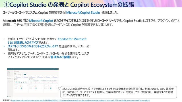 ①Copilot Studio の発表と Copilot Ecosystemの拡張
ユーザーがローコードでカスタム Copilot を構築できる「Microsoft Copilot Studio」発表しました。
Microsoft 365 用の Microsoft Copilot をカスタマイズするように設計されたローコード ツールです。Copilot Studio はコネクタ、プラグイン、GPT と
連携し、IT チームが特定のクエリに最適なデータ ソースに Copilot を誘導できるようにします。
• 独自のエンタープライズ シナリオに合わせて Copilot for Microsoft
365 を簡単にカスタマイズできます。
• スタンドアロンのコパイロットとカスタム GPT を迅速に構築、テスト、公
開します。
• 適切なアクセス、データ、ユーザー コントロール、分析を使用して、カスタ
マイズとスタンドアロンのコパイロットを管理および保護します。
関連情報：https://www.microsoft.com/en-us/microsoft-365/blog/2023/11/15/announcing-microsoft-copilot-studio-customize-copilot-for-microsoft-365-and-build-your-own-standalone-copilots/
組み込みの分析ダッシュボードを使用してライフサイクル全体を完全に可視化し、制御できます。また、管理者
は、作成者とユーザーのアクセスを制御し、企業固有のポリシーを使用してデータを保護し、環境をすべて管理
センター内で管理できます。

