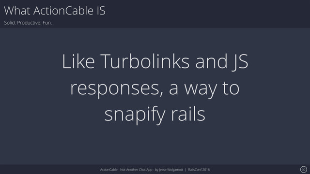 ActionCable - Not Another Chat App - by Jesse Wolgamott | RailsConf 2016
What ActionCable IS
Solid. Productive. Fun.
30
Like Turbolinks and JS
responses, a way to
snapify rails
