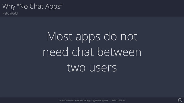 ActionCable - Not Another Chat App - by Jesse Wolgamott | RailsConf 2016
Why “No Chat Apps”
Hello World
34
Most apps do not
need chat between
two users
