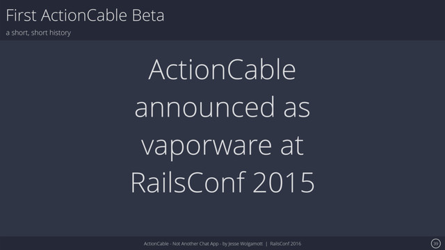 ActionCable - Not Another Chat App - by Jesse Wolgamott | RailsConf 2016
First ActionCable Beta
a short, short history
39
ActionCable
announced as
vaporware at
RailsConf 2015
