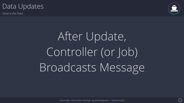 ActionCable - Not Another Chat App - by Jesse Wolgamott | RailsConf 2016
Data Updates
Data is the Data
77
After Update,
Controller (or Job)
Broadcasts Message
ǹ
