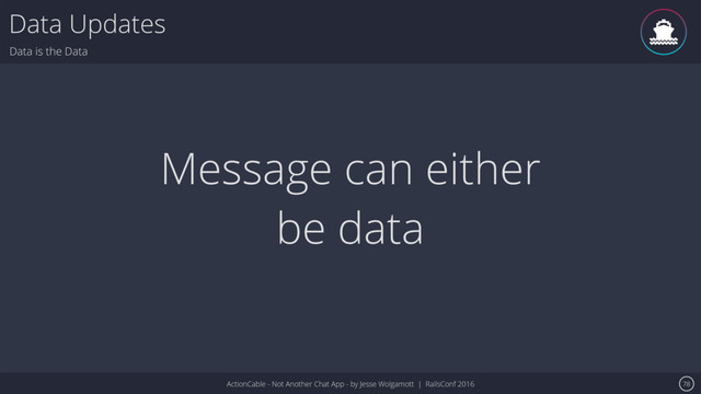 ActionCable - Not Another Chat App - by Jesse Wolgamott | RailsConf 2016
Data Updates
Data is the Data
78
Message can either
be data
ǹ
