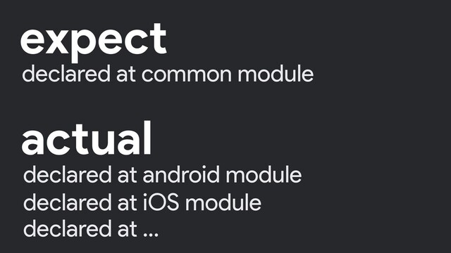 declared at common module
expect
declared at android module
actual
declared at iOS module
declared at …
