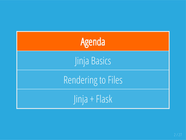 Agenda
Jinja Basics
Rendering to Files
Jinja + Flask
2 / 27
