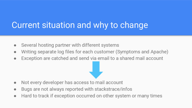 Current situation and why to change
● Several hosting partner with different systems
● Writing separate log files for each customer (Symptoms and Apache)
● Exception are catched and send via email to a shared mail account
● Not every developer has access to mail account
● Bugs are not always reported with stackstrace/infos
● Hard to track if exception occurred on other system or many times
