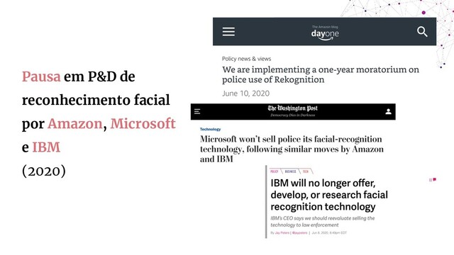 Pausa em P&D de
reconhecimento facial
por Amazon, Microsoft
e IBM
(2020)
