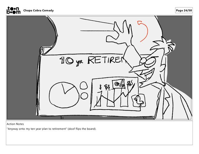 Action Notes
"Anyway onto my ten year plan to retirement” (doof flips the board).
Chupa Cobra Comedy Page 24/50
