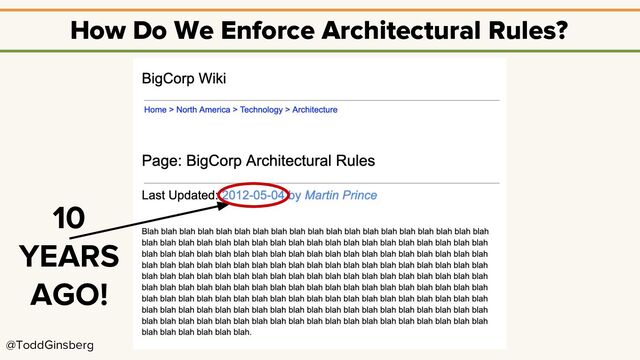 @ToddGinsberg
How Do We Enforce Architectural Rules?
10
YEARS
AGO!
