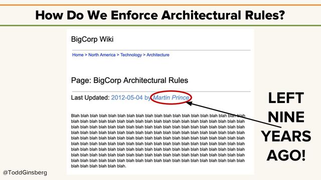 @ToddGinsberg
How Do We Enforce Architectural Rules?
LEFT
NINE
YEARS
AGO!
