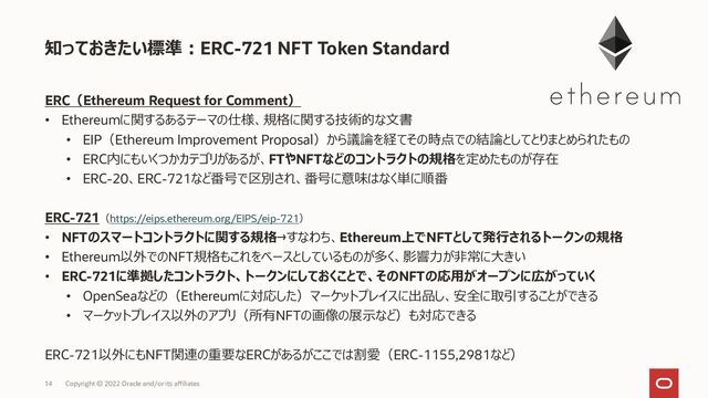 知っておきたい標準：ERC-721 NFT Token Standard
ERC（Ethereum Request for Comment）
• Ethereumに関するあるテーマの仕様、規格に関する技術的な文書
• EIP（Ethereum Improvement Proposal）から議論を経てその時点での結論としてとりまとめられたもの
• ERC内にもいくつかカテゴリがあるが、FTやNFTなどのコントラクトの規格を定めたものが存在
• ERC-20、ERC-721など番号で区別され、番号に意味はなく単に順番
ERC-721（https://eips.ethereum.org/EIPS/eip-721）
• NFTのスマートコントラクトに関する規格→すなわち、Ethereum上でNFTとして発行されるトークンの規格
• Ethereum以外でのNFT規格もこれをベースとしているものが多く、影響力が非常に大きい
• ERC-721に準拠したコントラクト、トークンにしておくことで、そのNFTの応用がオープンに広がっていく
• OpenSeaなどの（Ethereumに対応した）マーケットプレイスに出品し、安全に取引することができる
• マーケットプレイス以外のアプリ（所有NFTの画像の展示など）も対応できる
ERC-721以外にもNFT関連の重要なERCがあるがここでは割愛（ERC-1155,2981など）
14 Copyright © 2022 Oracle and/or its affiliates
