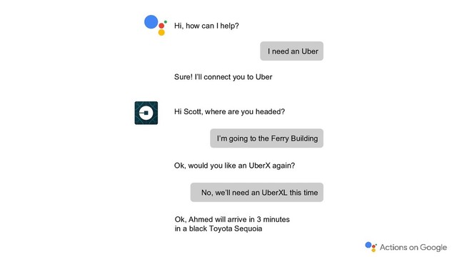 I need an Uber
Sure! I’ll connect you to Uber
Hi Scott, where are you headed?
I’m going to the Ferry Building
Ok, would you like an UberX again?
No, we’ll need an UberXL this time
Ok, Ahmed will arrive in 3 minutes
in a black Toyota Sequoia
Hi, how can I help?
