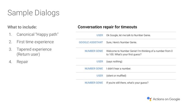 Conversation repair for timeouts
USER Ok Google, let me talk to Number Genie.
GOOGLE ASSISTANT Sure, Here's Number Genie.
NUMBER GENIE Welcome to Number Genie! I'm thinking of a number from 0
to 100. What's your first guess?
USER (says nothing)
NUMBER GENIE I didn't hear a number.
USER (silent or muffled)
NUMBER GENIE If you're still there, what's your guess?
Sample Dialogs
What to include:
1. Canonical “Happy path”
2. First time experience
3. Tapered experience
(Return user)
4. Repair
