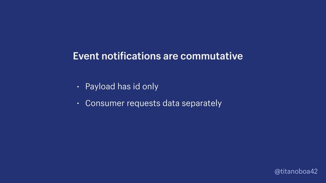 @titanoboa42
• Payload has id only
• Consumer requests data separately
Event notifications are commutative
