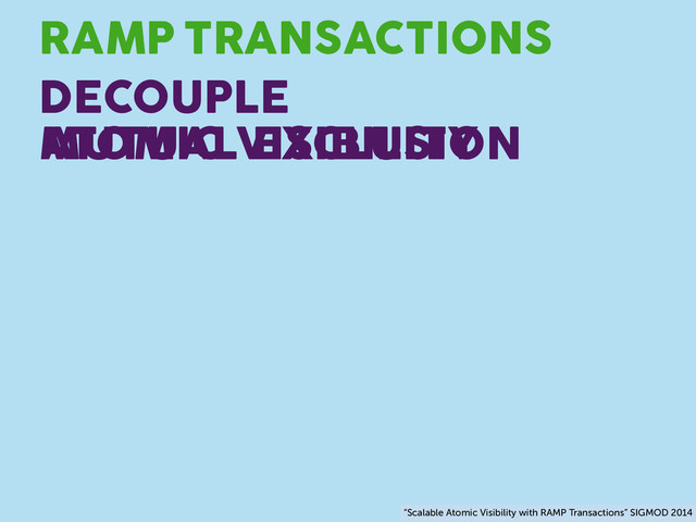 TRANSACTIONS
RAMP
DECOUPLE
ATOMIC VISIBILITY
MUTUAL EXCLUSION
“Scalable Atomic Visibility with RAMP Transactions” SIGMOD 2014

