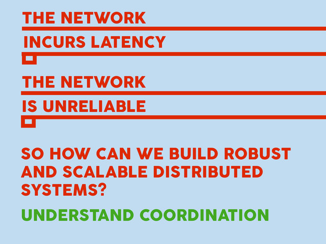 THE NETWORK
INCURS LATENCY
THE NETWORK
IS UNRELIABLE
SO HOW CAN WE BUILD ROBUST
AND SCALABLE DISTRIBUTED
SYSTEMS?
UNDERSTAND COORDINATION
