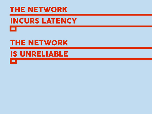 THE NETWORK
INCURS LATENCY
THE NETWORK
IS UNRELIABLE
