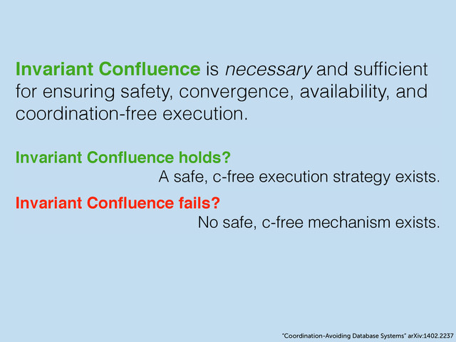 Invariant Conﬂuence is necessary and sufﬁcient
for ensuring safety, convergence, availability, and
coordination-free execution.
Invariant Conﬂuence holds?!
A safe, c-free execution strategy exists.
Invariant Conﬂuence fails?!
No safe, c-free mechanism exists.
“Coordination-Avoiding Database Systems” arXiv:1402.2237
