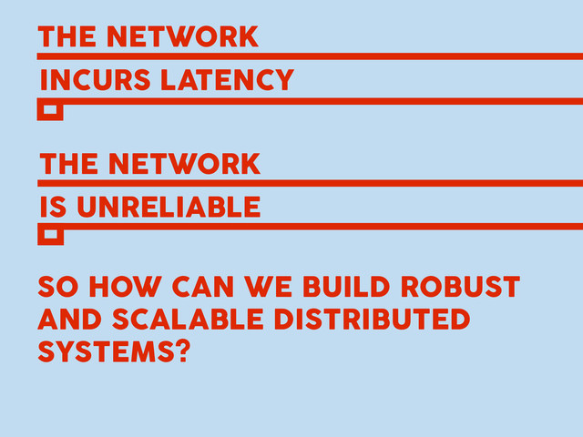 THE NETWORK
INCURS LATENCY
THE NETWORK
IS UNRELIABLE
SO HOW CAN WE BUILD ROBUST
AND SCALABLE DISTRIBUTED
SYSTEMS?
