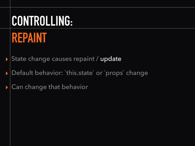 CONTROLLING:
REPAINT
▸ State change causes repaint / update
▸ Default behavior: `this.state` or `props` change
▸ Can change that behavior
