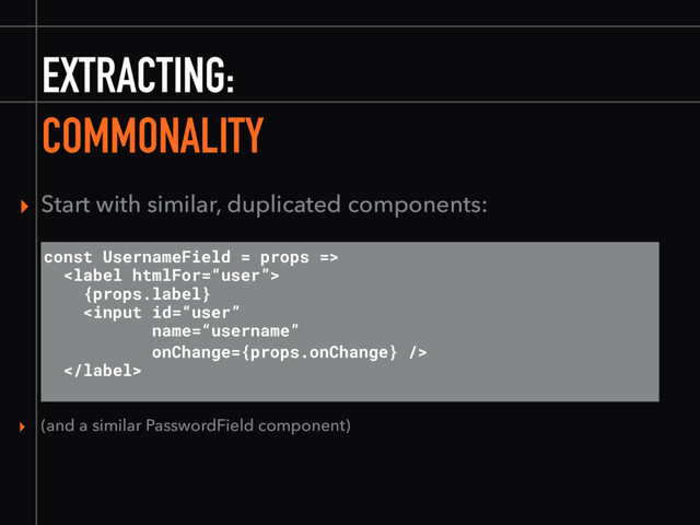 EXTRACTING:
COMMONALITY
const UsernameField = props =>

{props.label}


▸ Start with similar, duplicated components:
▸ (and a similar PasswordField component)
