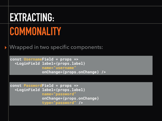 EXTRACTING:
COMMONALITY
const UsernameField = props =>

const PasswordField = props =>

▸ Wrapped in two speciﬁc components:
