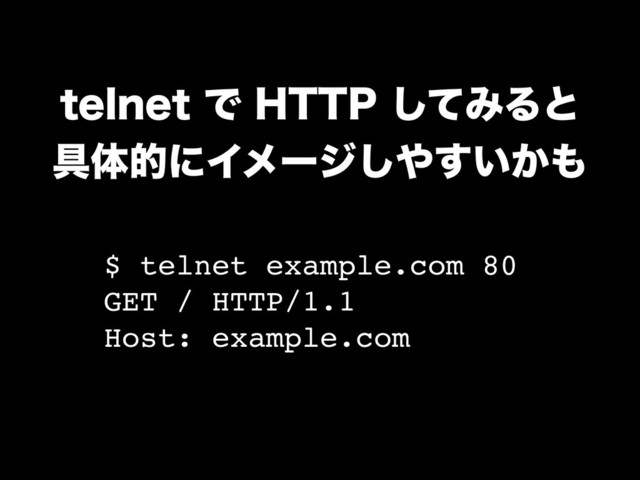 UFMOFUͰ)551ͯ͠ΈΔͱ
۩ମతʹΠϝʔδ͠΍͍͔͢΋
$ telnet example.com 80
GET / HTTP/1.1
Host: example.com
