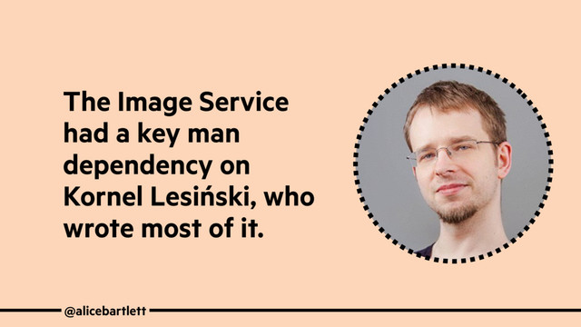 @alicebartlett
The Image Service
had a key man
dependency on
Kornel Lesiński, who
wrote most of it.
