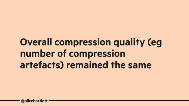Overall compression quality (eg
number of compression
artefacts) remained the same
@alicebartlett
