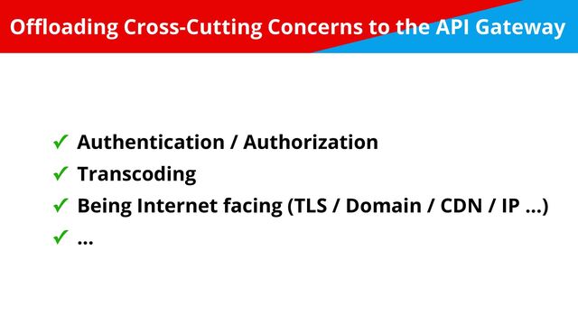O
ffl
oading Cross-Cutting Concerns to the API Gateway
✓ Authentication / Authorization


✓ Transcoding


✓ Being Internet facing (TLS / Domain / CDN / IP ...)


✓ ...
