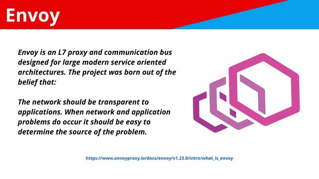 Envoy
https://www.envoyproxy.io/docs/envoy/v1.23.0/intro/what_is_envoy
Envoy is an L7 proxy and communication bus
designed for large modern service oriented
architectures. The project was born out of the
belief that:ɹ


The network should be transparent to
applications. When network and application
problems do occur it should be easy to
determine the source of the problem.
