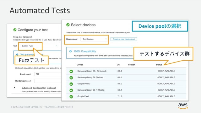 © 2019, Amazon Web Services, Inc. or its Affiliates. All rights reserved.
Automated Tests
テストするデバイス群
Fuzzテスト
Device poolの選択
