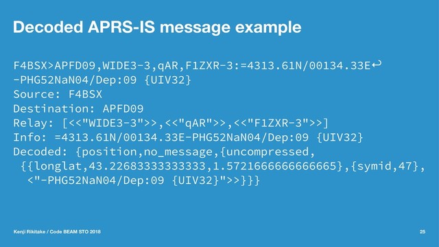 Decoded APRS-IS message example
F4BSX>APFD09,WIDE3-3,qAR,F1ZXR-3:=4313.61N/00134.33E↩
-PHG52NaN04/Dep:09 {UIV32}
Source: F4BSX
Destination: APFD09
Relay: [<<"WIDE3-3">>,<<"qAR">>,<<"F1ZXR-3">>]
Info: =4313.61N/00134.33E-PHG52NaN04/Dep:09 {UIV32}
Decoded: {position,no_message,{uncompressed,
{{longlat,43.22683333333333,1.5721666666666665},{symid,47},
<"-PHG52NaN04/Dep:09 {UIV32}">>}}}
Kenji Rikitake / Code BEAM STO 2018 25
