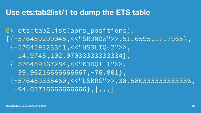 Use ets:tab2list/1 to dump the ETS table
6> ets:tab2list(aprs_positions).
[{-576459299045,<<"SR3NOW">>,51.6595,17.7965},
{-576459323341,<<"HS3LIQ-2">>,
14.9745,102.07033333333334},
{-576459367284,<<"K3HQI-1">>,
39.96216666666667,-76.801},
{-576459335460,<<"LSBRG">>,38.580333333333336,
-94.61716666666666},|...]
Kenji Rikitake / Code BEAM STO 2018 28
