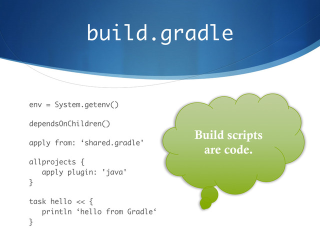 build.gradle
env = System.getenv()
dependsOnChildren()
apply from: ‘shared.gradle'
allprojects { 
apply plugin: 'java' 
}
task hello << { 
println ‘hello from Gradle‘ 
}
