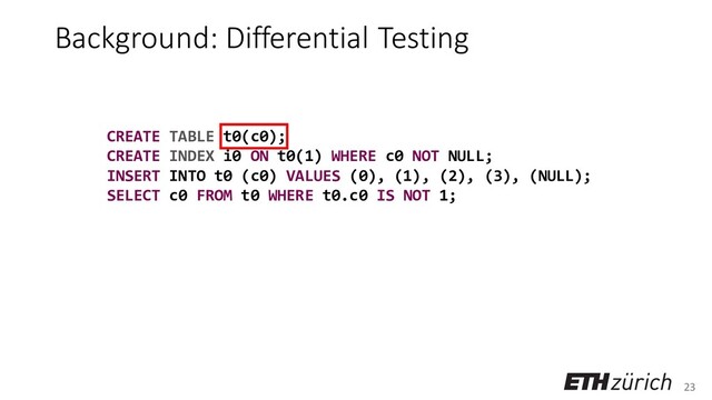 23
Background: Differential Testing
CREATE TABLE t0(c0);
CREATE INDEX i0 ON t0(1) WHERE c0 NOT NULL;
INSERT INTO t0 (c0) VALUES (0), (1), (2), (3), (NULL);
SELECT c0 FROM t0 WHERE t0.c0 IS NOT 1;
