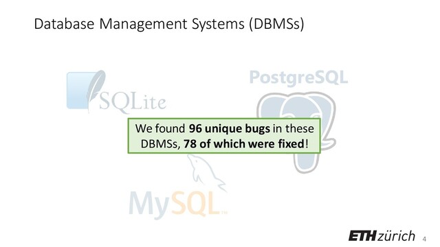 4
Database Management Systems (DBMSs)
PostgreSQL
We found 96 unique bugs in these
DBMSs, 78 of which were fixed!
