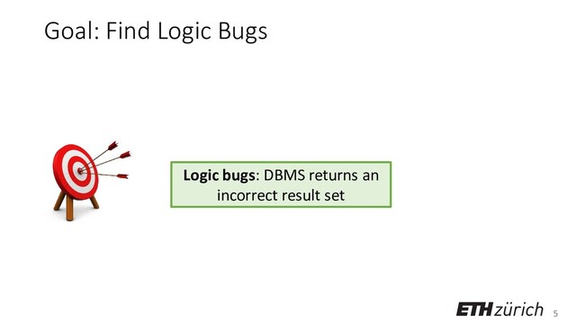 5
Goal: Find Logic Bugs
Logic bugs: DBMS returns an
incorrect result set

