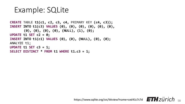 58
Example: SQLite
CREATE TABLE t1(c1, c2, c3, c4, PRIMARY KEY (c4, c3));
INSERT INTO t1(c3) VALUES (0), (0), (0), (0), (0), (0),
(0), (0), (0), (0), (NULL), (1), (0);
UPDATE t1 SET c2 = 0;
INSERT INTO t1(c1) VALUES (0), (0), (NULL), (0), (0);
ANALYZE t1;
UPDATE t1 SET c3 = 1;
SELECT DISTINCT * FROM t1 WHERE t1.c3 = 1;
https://www.sqlite.org/src/tktview?name=ced41c7c7d
