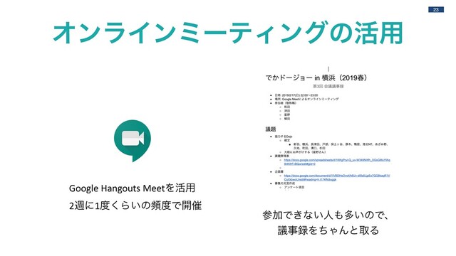 23
ΦϯϥΠϯϛʔςΟϯάͷ׆༻
Google Hangouts MeetΛ׆༻
2िʹ1౓͘Β͍ͷස౓Ͱ։࠵
ࢀՃͰ͖ͳ͍ਓ΋ଟ͍ͷͰɺ
ٞࣄ࿥ΛͪΌΜͱऔΔ

