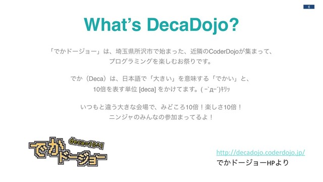6
Marketing Team
You can write a great subtitle here
What’s DecaDojo?
ʮͰ͔υʔδϣʔʯ͸ɺ࡛ۄݝॴ୔ࢢͰ࢝·ͬͨɺۙྡͷCoderDojo͕ू·ͬͯɺ
ϓϩάϥϛϯάΛָ͠Ή͓ࡇΓͰ͢ɻ
Ͱ͔ʢDecaʣ͸ɺ೔ຊޠͰʮେ͖͍ʯΛҙຯ͢ΔʮͰ͔͍ʯͱɺ
10ഒΛද͢୯Ґ [deca] Λ͔͚ͯ·͢ɻ( Ŗ`дŖ´)ŝžŕ
͍ͭ΋ͱҧ͏େ͖ͳձ৔ͰɺΈͲ͜Ζ10ഒʂָ͠͞10ഒʂ 
χϯδϟͷΈΜͳͷࢀՃ·ͬͯΔΑʂ
http://decadojo.coderdojo.jp/
Ͱ͔υʔδϣʔHPΑΓ
